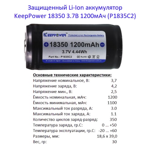 Купить оригинальные 18350 1200мАч KeepPower (P1835C2) 3,7В Защищенный Li-Ion аккумулятор купить в магазине Запас Мощности фото 2