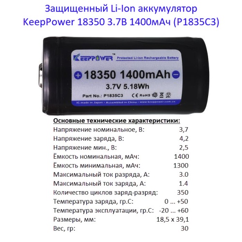 Купить оригинальные 18350 1400мАч KeepPower (P1835C3) 3,7В Защищенный Li-Ion аккумулятор купить в магазине Запас Мощности фото 2