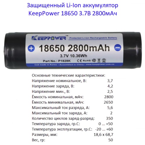 Купить оригинальные 18650 2800мАч KeepPower (P1828K) 3,7В Защищенный Li-Ion аккумулятор купить в магазине Запас Мощности фото 2