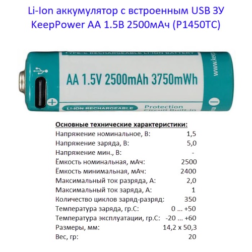 Купить оригинальные AA 2500мАч KeepPower (P1450TC) 1,5В Защищенный Li-Ion аккумулятор с встроенной USB ЗУ купить в магазине Запас Мощности фото 2